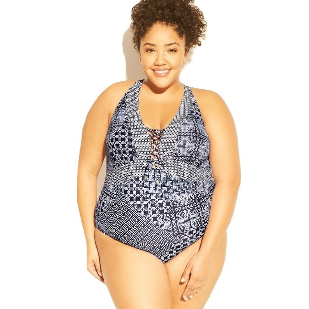 Kona Sol Women's Plus Size Laceup One Piece Swimsuit Navy/White 16W